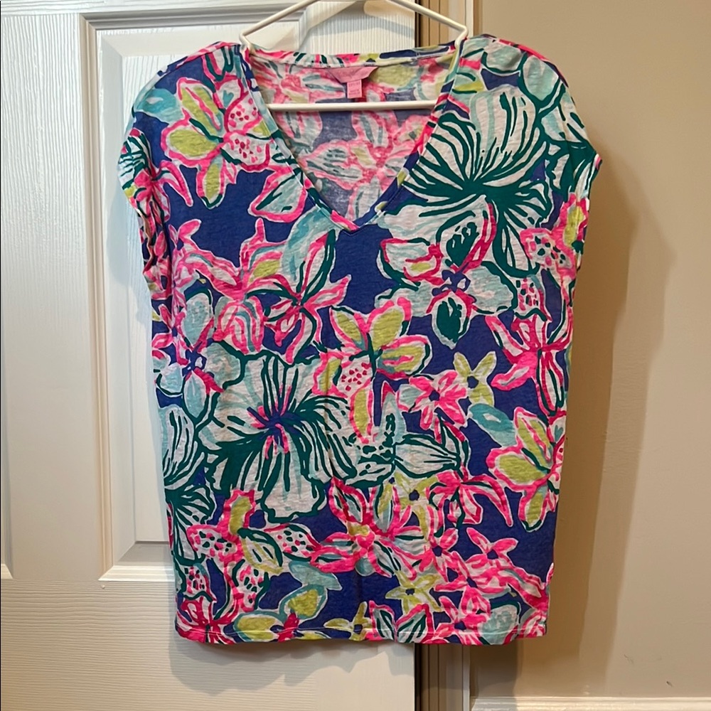 Lilly Pulitzer Pink and Blue Blouse with Rounded Neckline